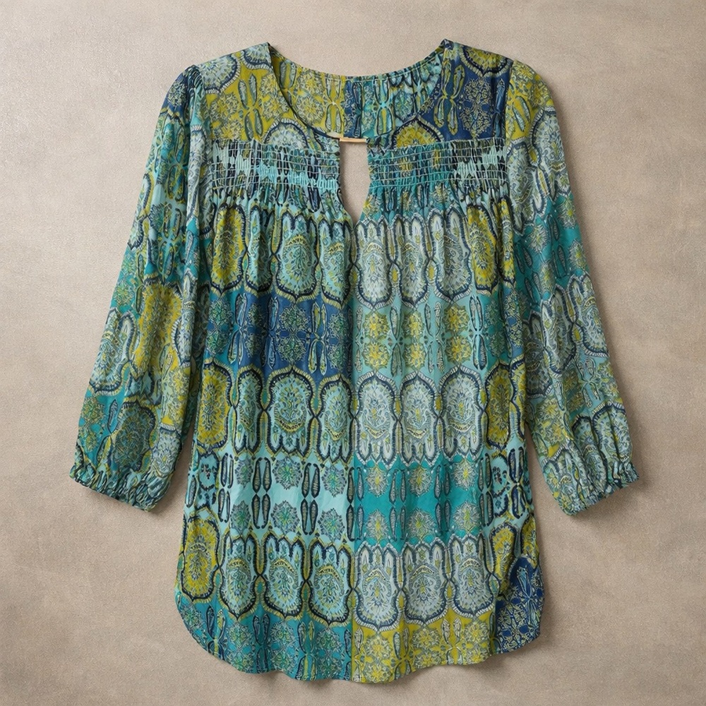 Tommy Bahama Top Women XS Boho Teal Green Paisley Coastal Peasant Flowy Blouse